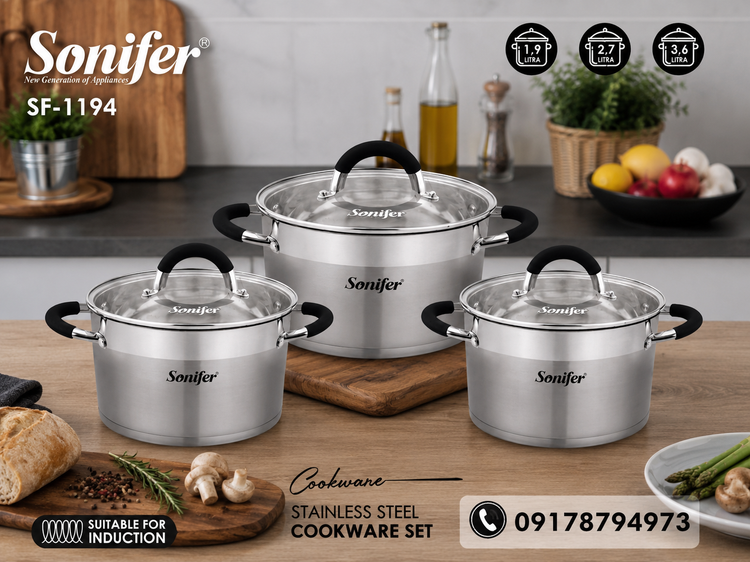 سرویس قابلمه استیل ۶ پارچه سونیفر مدل SF-1194 با درب شیشهای