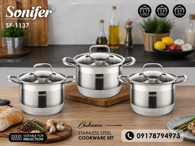 سرویس قابلمه استیل ۶ پارچه سونیفر مدل SF-1137 با درب شیشه ای