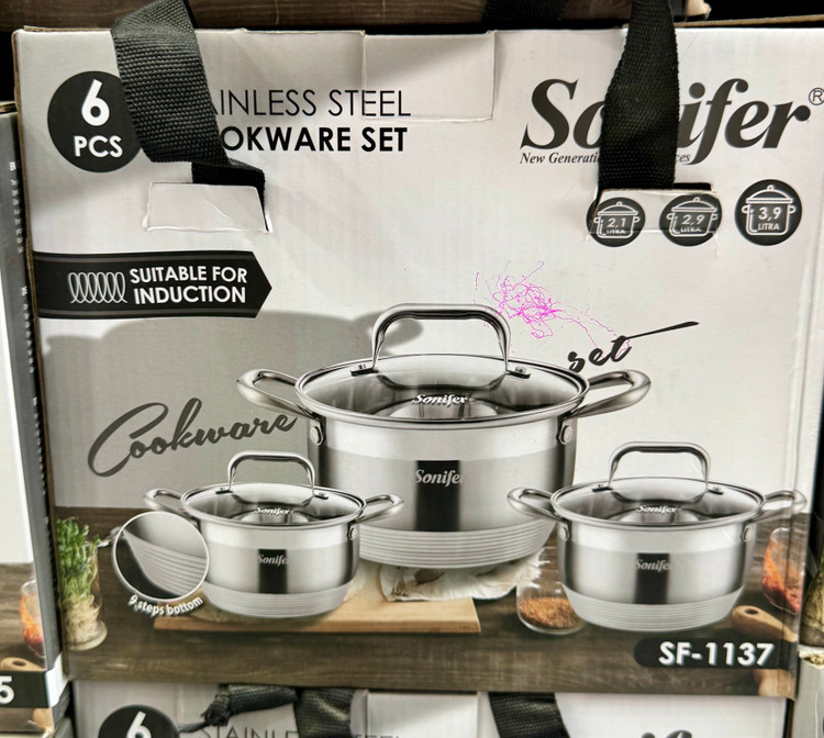 سرویس قابلمه استیل ۶ پارچه سونیفر مدل SF-1137 با درب شیشه ای