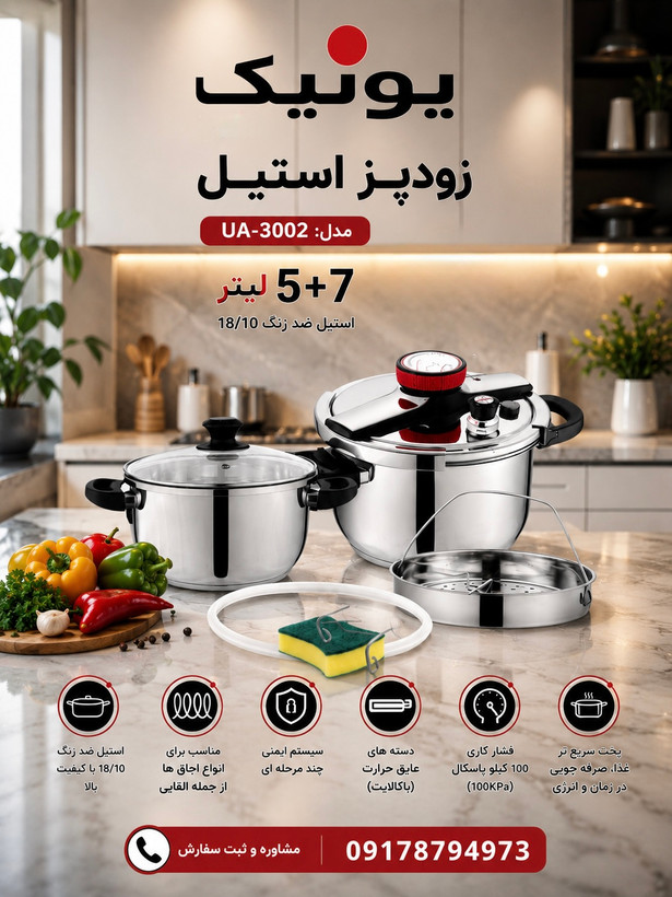 زودپز استیل یونیک مدل UA-3002 سرویس ۵ و ۷ لیتری استیل ضدزنگ 18/10