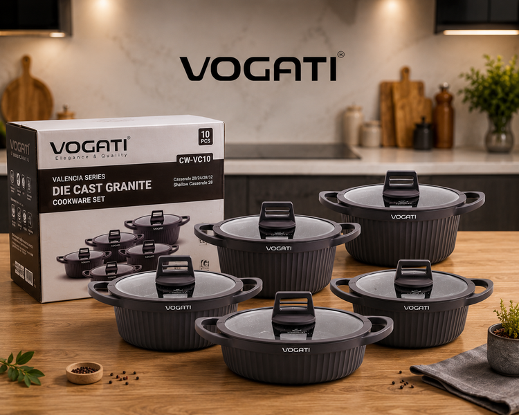 سرویس قابلمه ۱۰ پارچه گرانیتی ووگاتی (VOGATI) مدل CW-VC10 سری Valencia | دایکست گرانیت با درب شیشهای