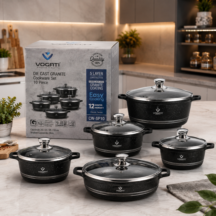 سرویس قابلمه گرانیتی ۱۰ پارچه VOGATI مدل CW-SP10 | بدنه دایکست ۵ لایه