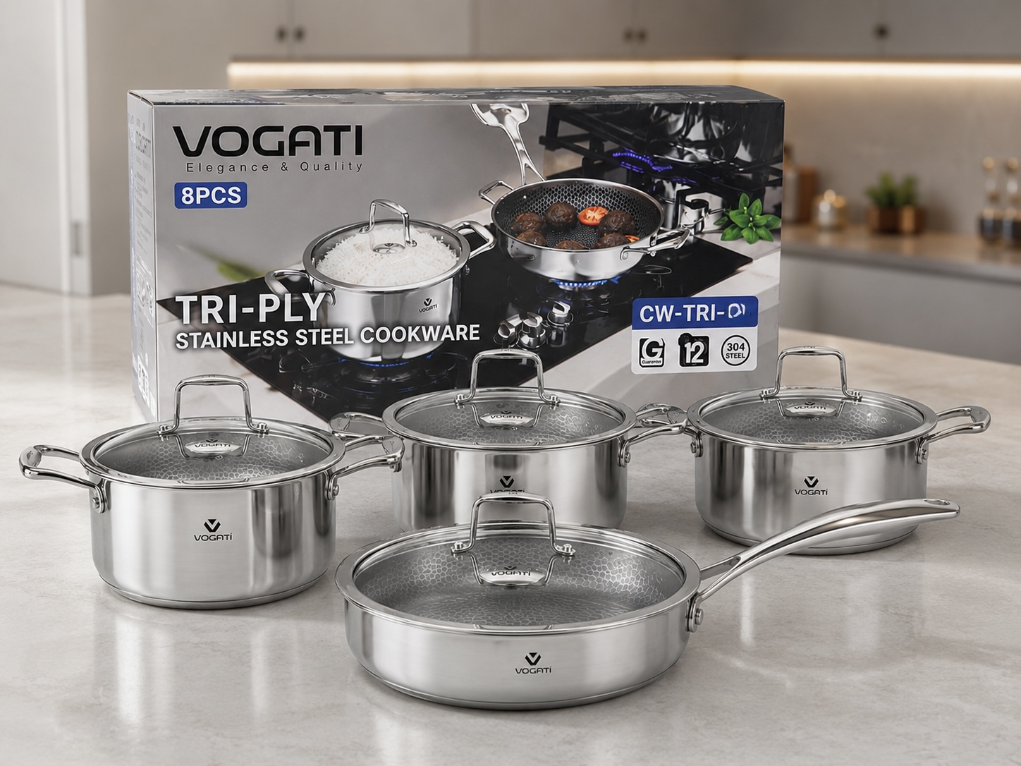 سرویس قابلمه استیل لیزری سه‌لایه ووگاتی اصلی ۸ پارچه مدل CW-TRI-8XS | استیل ضدزنگ 304 با درب پیرکس