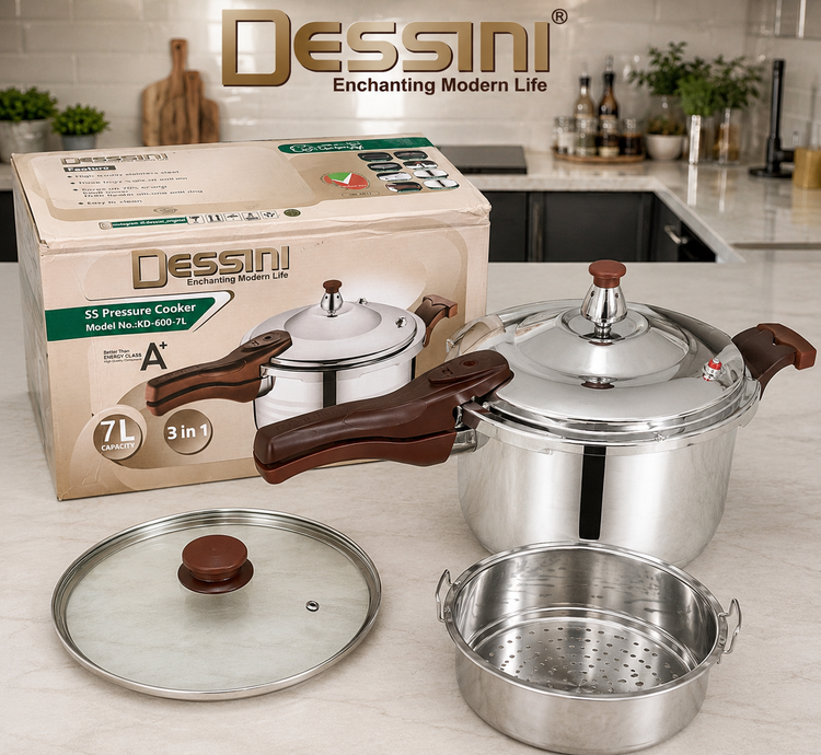 زودپز استیل ۳ کاره دسینی ۷ لیتری مدل KD-600-7L | 2026 کاره همراه درب شیشهای، سبد بخارپز، کف سهلایه و سیستم ایمنی چندگانه