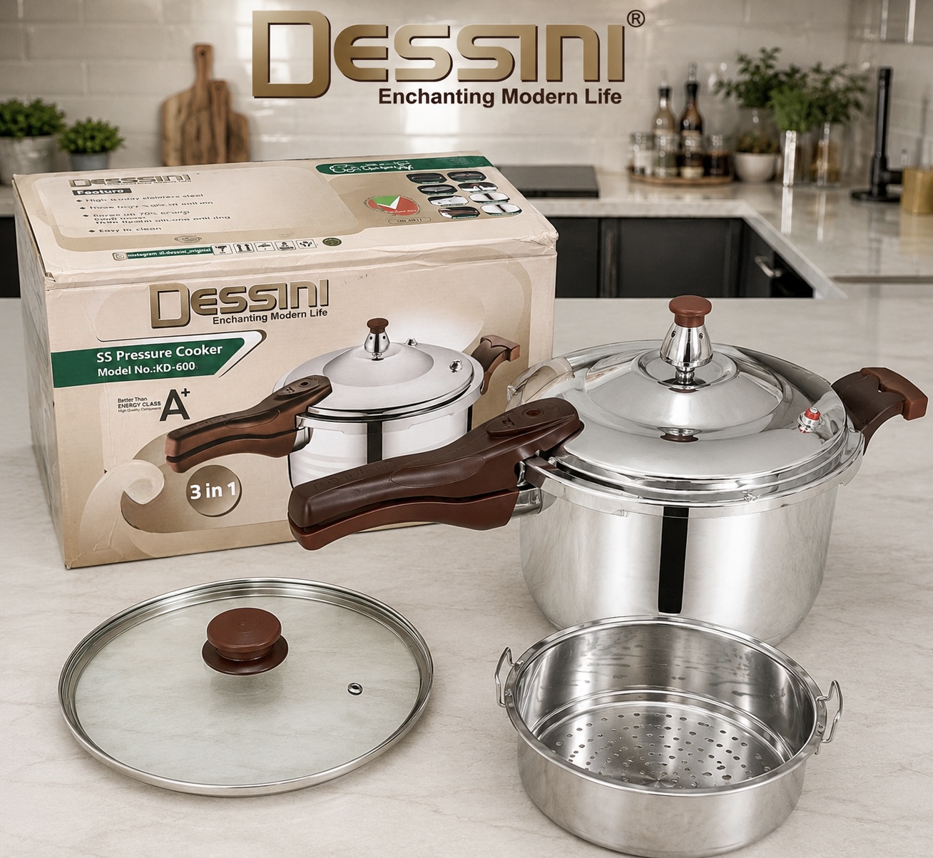 زودپز استیل ۳ کاره دسینی 9 لیتری مدل KD-600-9L | 2026 کاره همراه درب شیشه‌ای، سبد بخارپز، کف سه‌لایه و سیستم ایمنی چندگانه