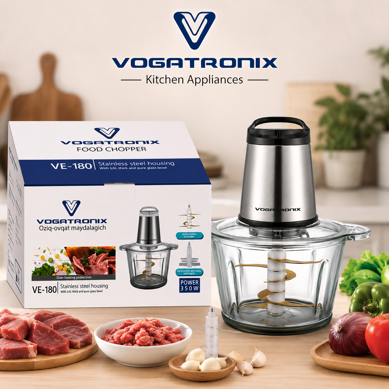 خردکن برقی ووگاترونیکس مدل VE-180 | موتور 350 وات | کاسه شیشه‌ای 3 لیتری | 6 تیغه تیتانیومی