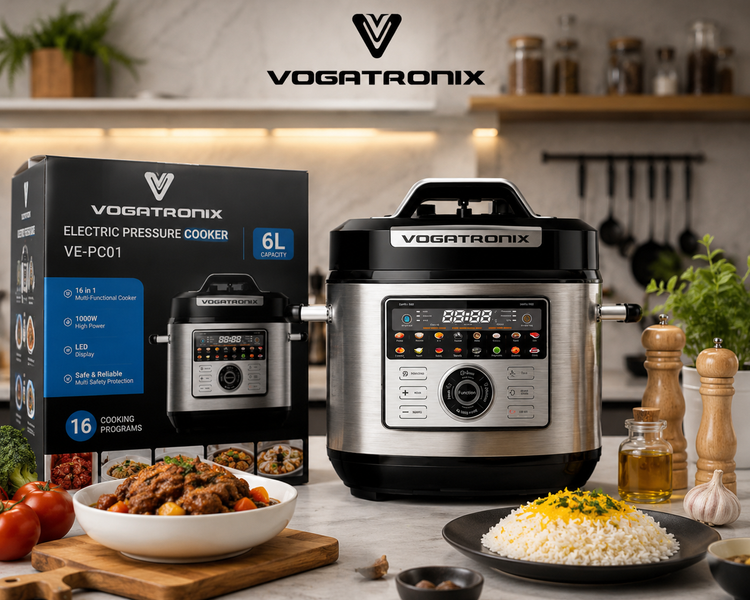 زودپز برقی ۱۶ کاره ووگاترونیکس VOGATRONIX اصلی مدل VE-PC01 ظرفیت ۶ لیتر | زودپز، آرامپز، بخارپز و پلوپز