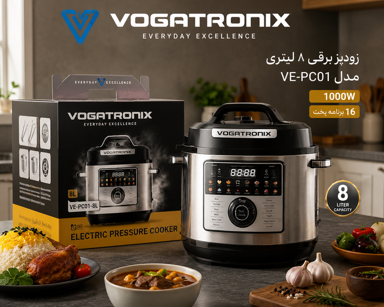 زودپز برقی ۸ لیتری ووگاترونیکس اصلی مدل VE-PC01 | زودپز، آرامپز، بخارپز و پلوپز چندکاره