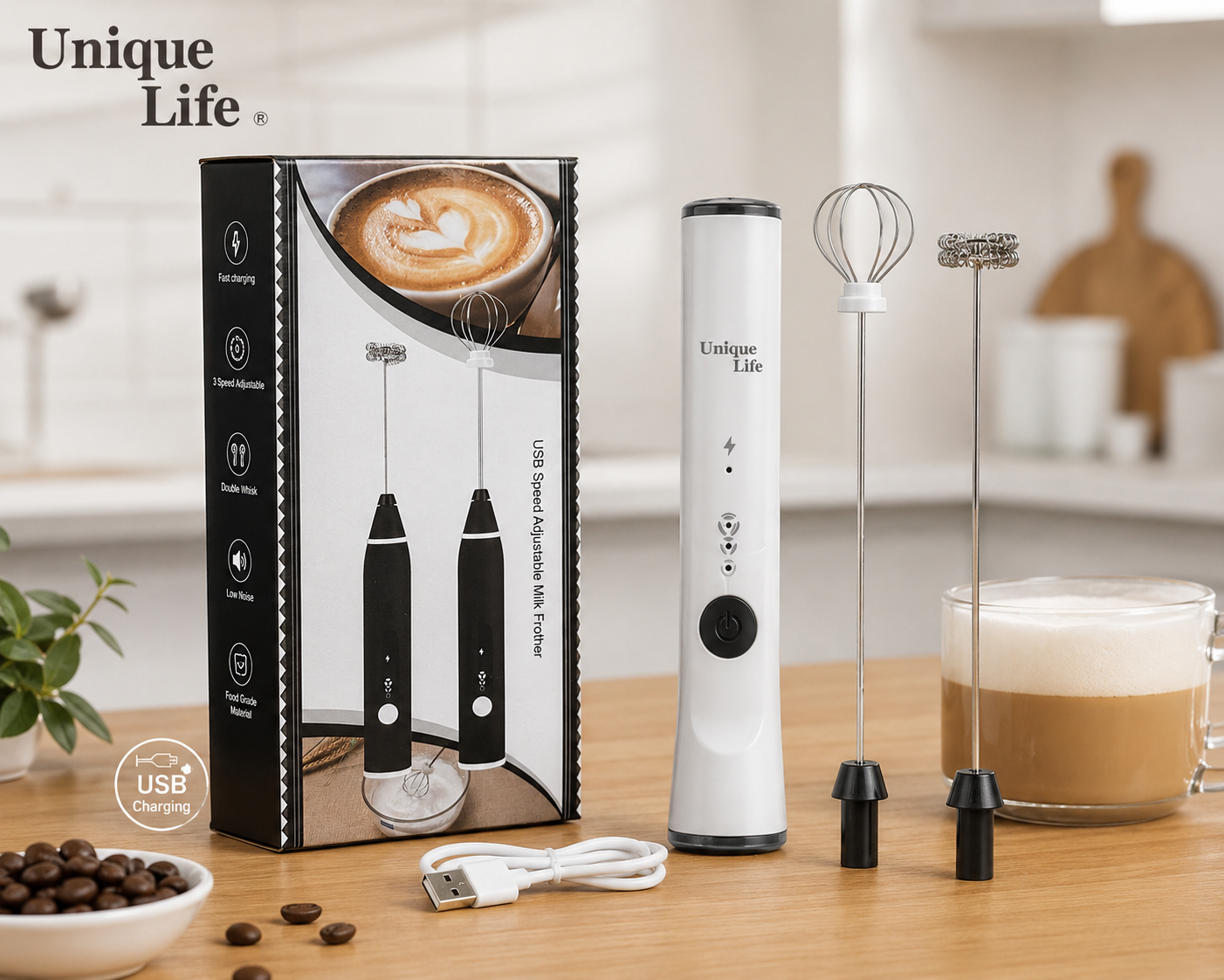 همزن شیر شارژی Unique Life مدل USB Adjustable Milk Frother | کف‌ساز قهوه ۳ سرعته با دو سری قابل تعویض