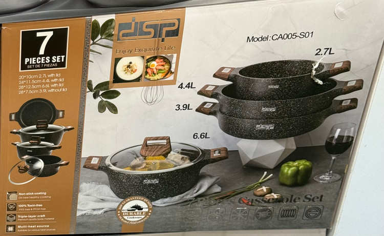 سرویس قابلمه ۷ پارچه DSP مدل CA005-S01 | گرانیتی نچسب با درب پیرکس و دسته طرح چوب