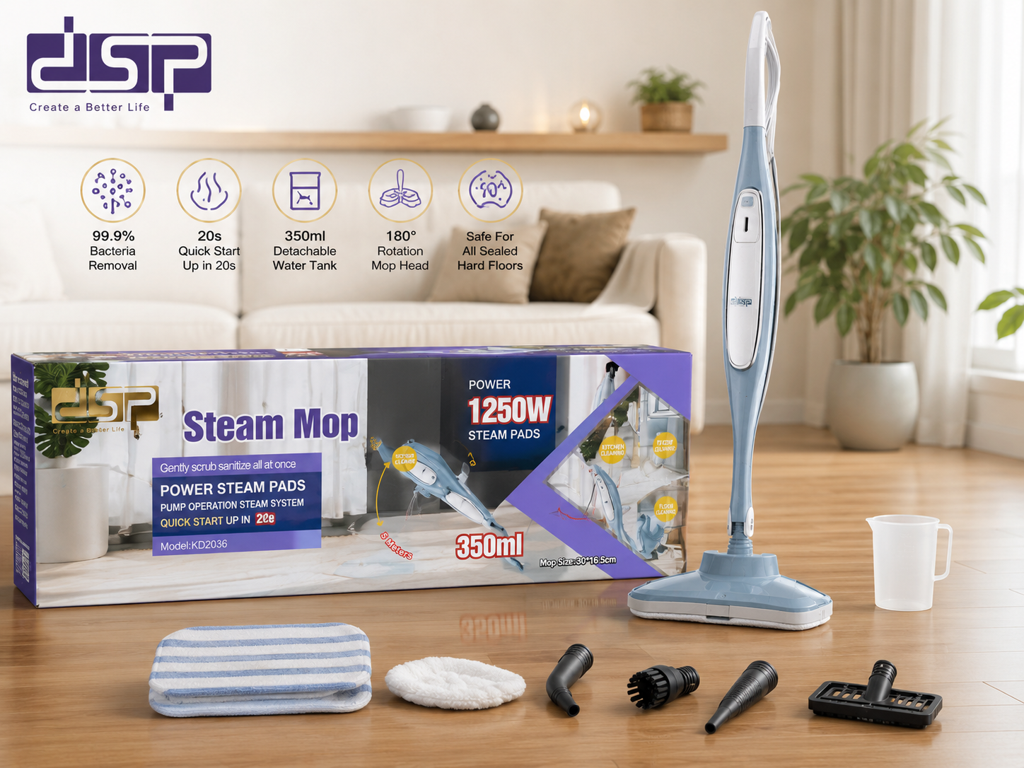 بخارشوی ایستاده DSP مدل KD2036 | Steam Mop 1250W با مخزن 350 میلی‌لیتر و سری چرخشی 180 درجه