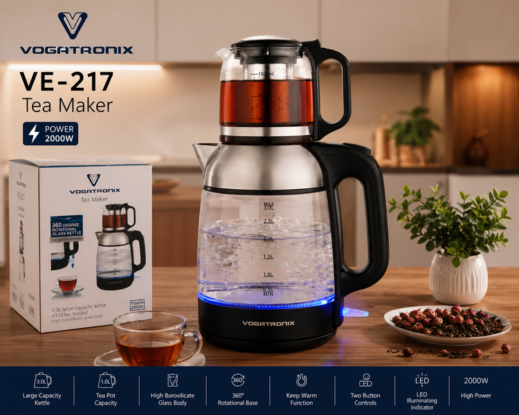 چایساز ووگاترونیکس مدل VE-217 | کتری شیشهای 3 لیتری + قوری 1 لیتری | توان 2000 وات