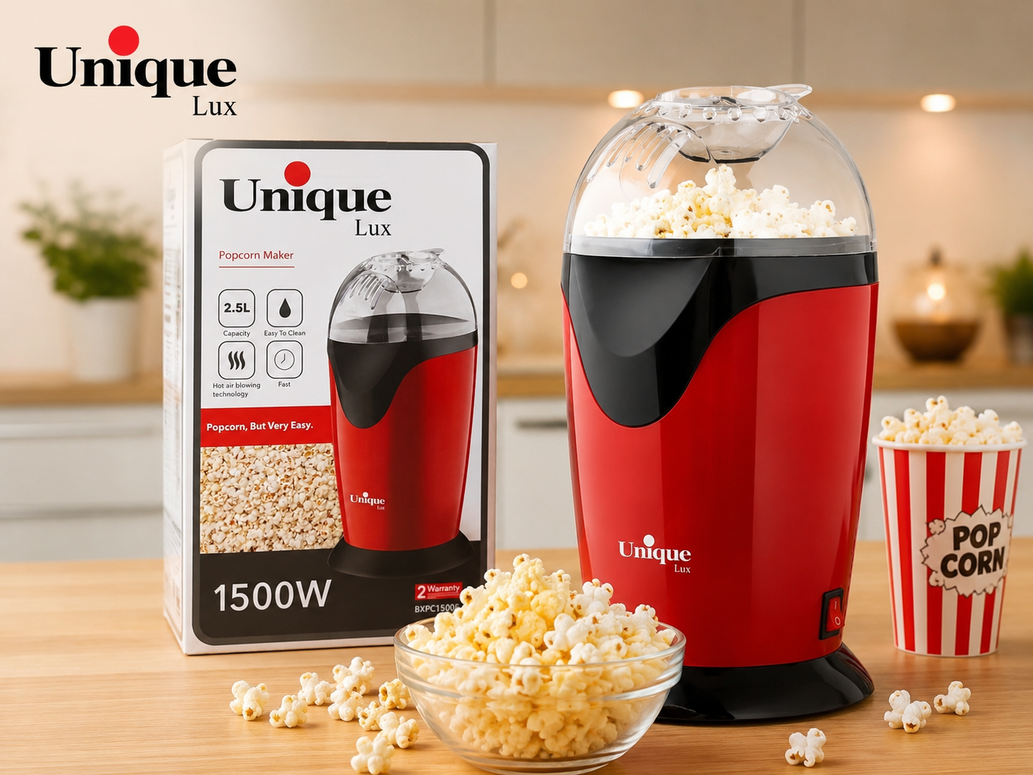 پاپ‌کورن‌ساز یونیک لوکس Unique Lux مدل BXPC1500E | توان 1500 وات | ظرفیت 2.5 لیتر