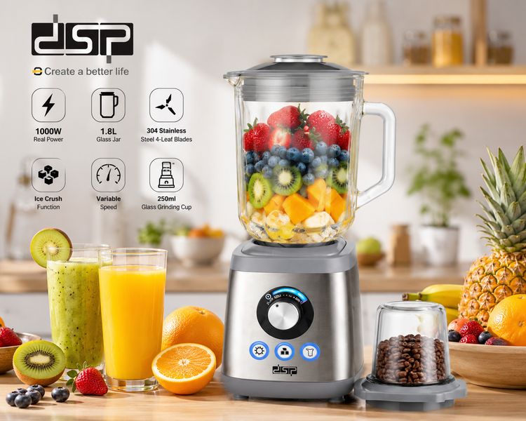 مخلوط کن و آسیاب DSP مدل KJ2198 | توان 1000 وات، پارچ شیشهای 1.8 لیتری، خردکن یخ