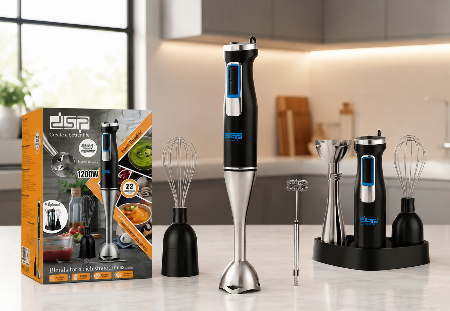 گوشتکوب برقی 4 کاره DSP مدل KM1137 توان 1200 وات با همزن، خردکن و پایه نگهدارنده