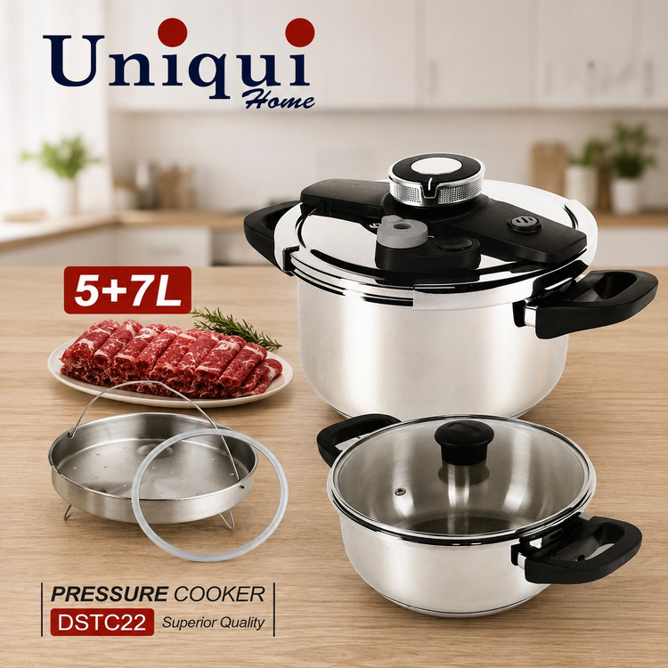 زودپز دوقلو استیل یونیکی هوم Uniqui Home مدل DSTC22 ظرفیت ۵ و ۷ لیتر همراه سبد بخارپز و درب شیشهای