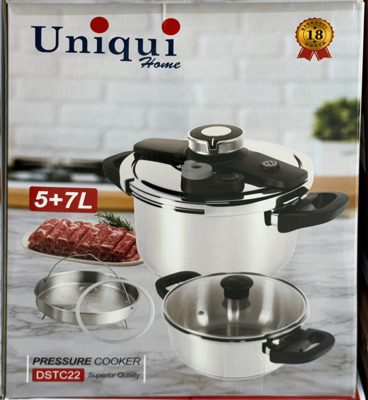 زودپز دوقلو استیل یونیکی هوم Uniqui Home مدل DSTC22 ظرفیت ۵ و ۷ لیتر همراه سبد بخارپز و درب شیشهای