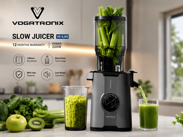 آبمیوهگیری و عصاره گیر (Slow Juicer) ووگاترونیکس مدل VE-SJ02 | موتور 200 وات | دهانه ورودی 108 میلیمتری