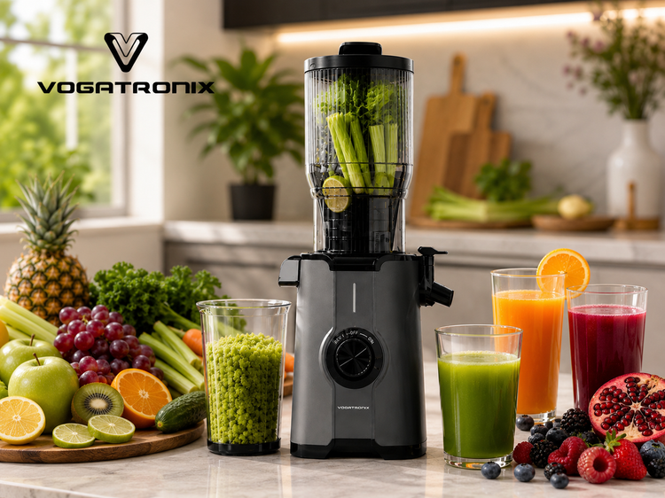 آبمیوهگیری و عصاره گیر (Slow Juicer) ووگاترونیکس مدل VE-SJ02 | موتور 200 وات | دهانه ورودی 108 میلیمتری