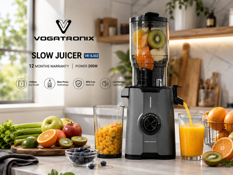 آبمیوهگیری و عصاره گیر (Slow Juicer) ووگاترونیکس مدل VE-SJ02 | موتور 200 وات | دهانه ورودی 108 میلیمتری