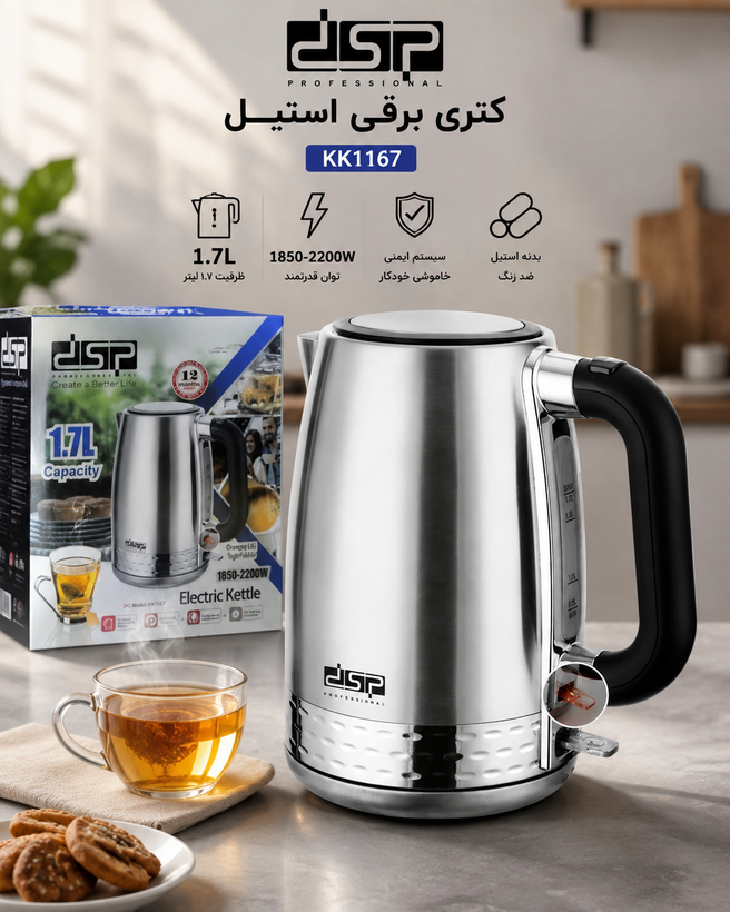 کتری برقی استیل DSP مدل KK1167 ظرفیت ۱.۷ لیتر با توان ۲۲۰۰ وات
