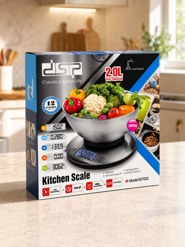 ترازو آشپزخانه DSP مدل KD7033 ظرفیت 5 کیلوگرم با کاسه استیل