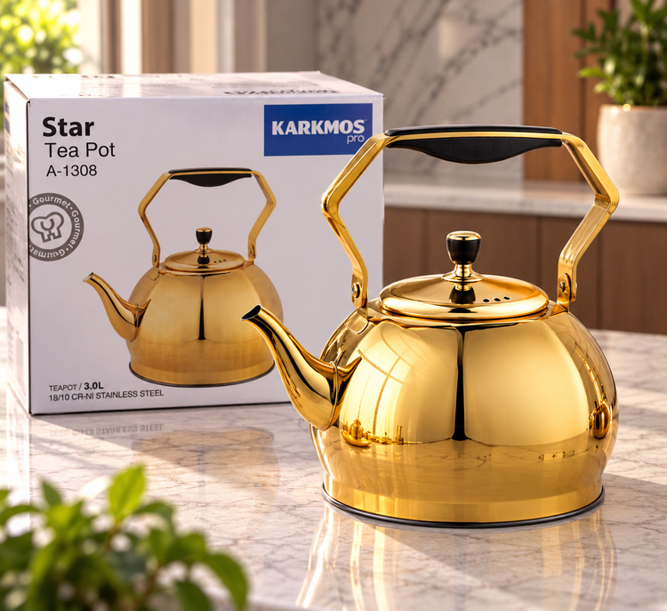 کتری استیل طلایی KARKMOS مدل Star A-1308 ظرفیت ۳ لیتر