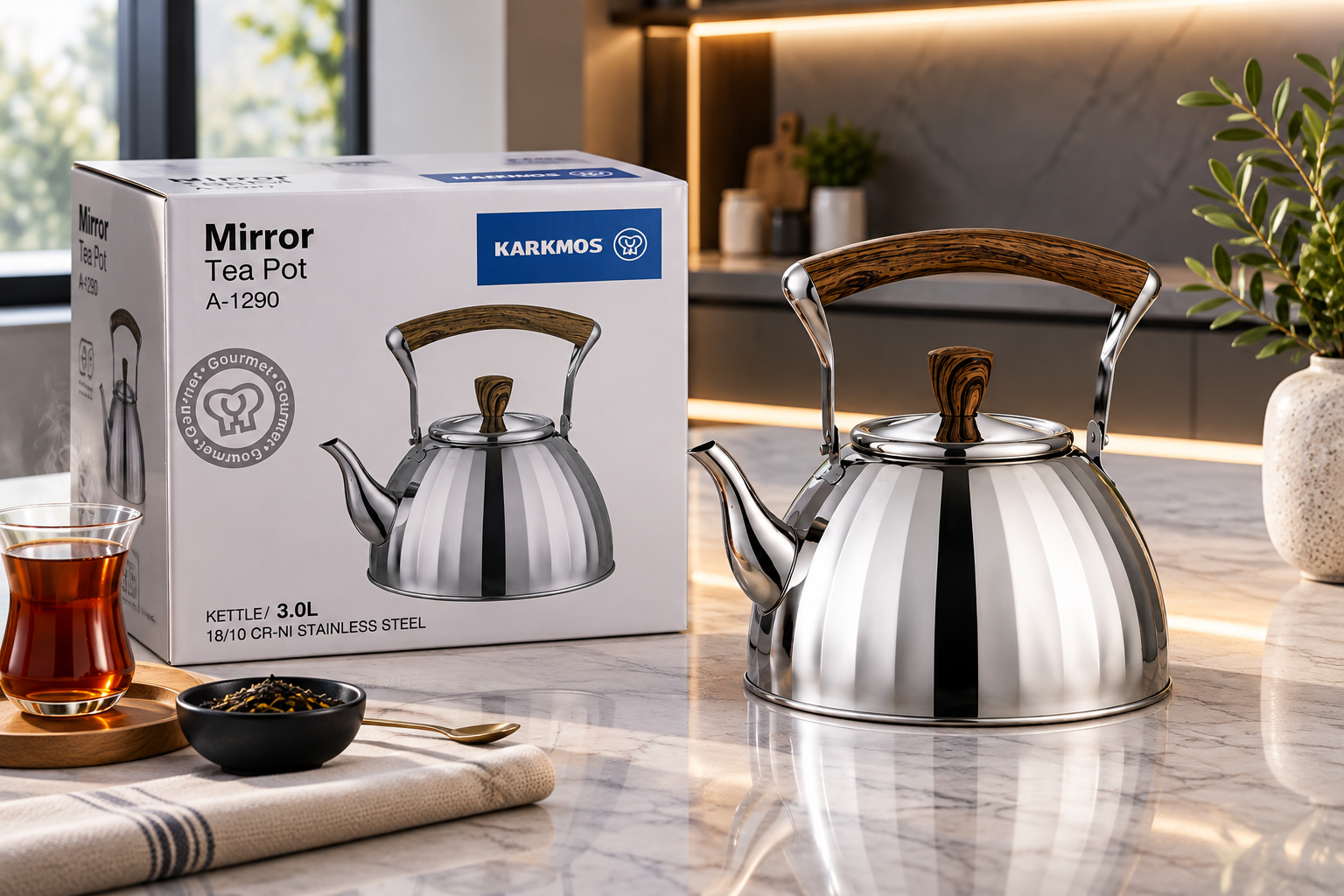 کتری استیل ۳ لیتری Karkmos مدل Mirror A-1290