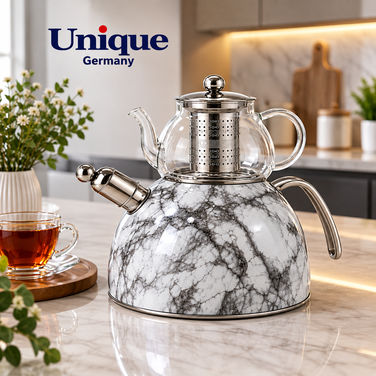 کتری استیل ۳ لیتری Unique مدل UN-3699 – طرح مرمری سفید