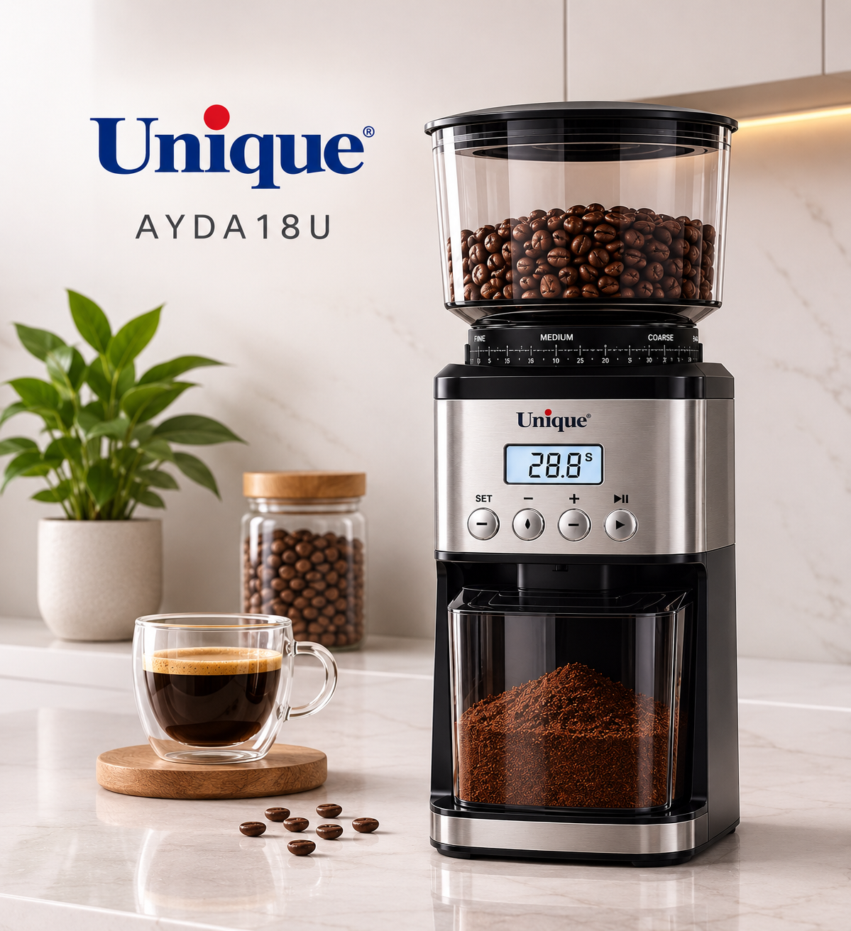 آسیاب قهوه یونیک مدل AYDA18U | آسیاب قهوه برقی دیجیتال