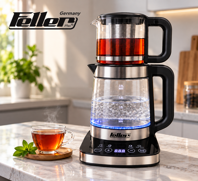 چایساز فلر پلاس مدل TS-388 توان 2500 وات با کتری شیشهای 2.5 لیتری و قوری 1.5 لیتری