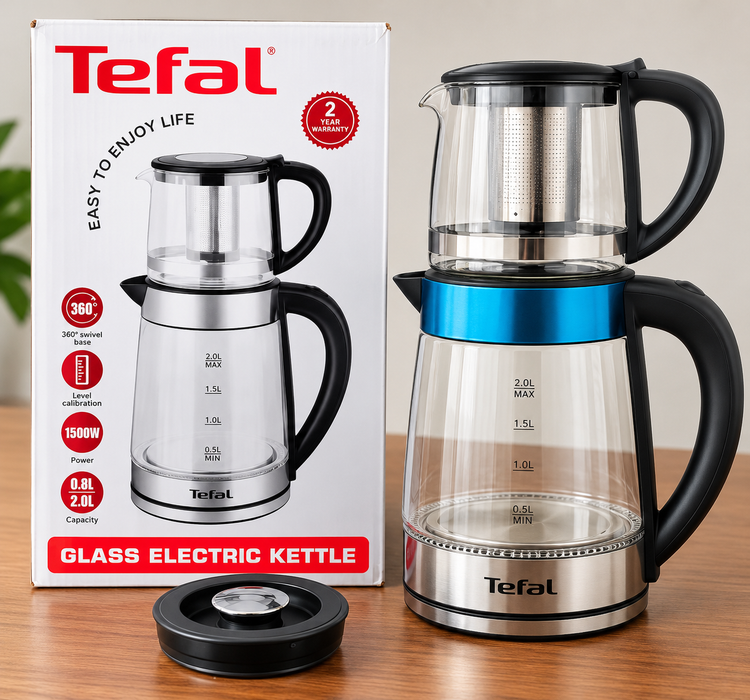 چایساز شیشهای تفال مدل TL-8924 | طراحی مدرن با قوری ۰.۸ لیتری، کتری ۲ لیتری و توان ۱۵۰۰ وات