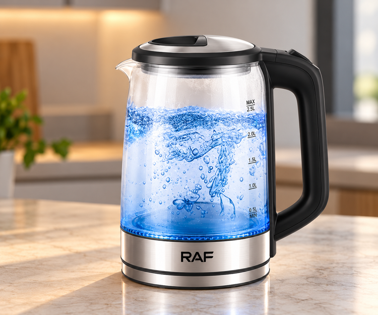 کتری برقی شیشهای RAF مدل R.7943 ظرفیت 2.5 لیتر با چراغ LED و توان 1500 وات