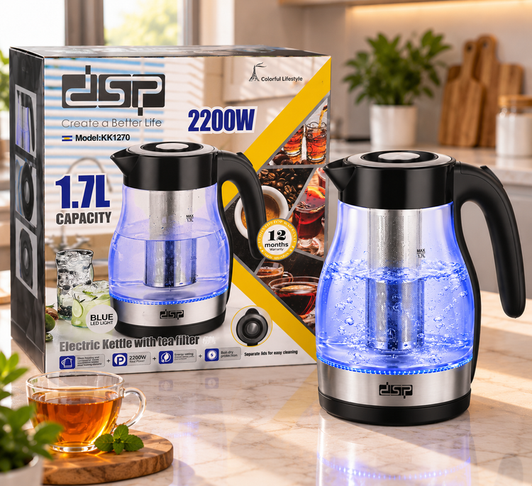 کتری برقی DSP مدل KK1270، ظرفیت ۱٫۷ لیتر، توان ۲۲۰۰ وات، مجهز به صافی چای و چراغ LED